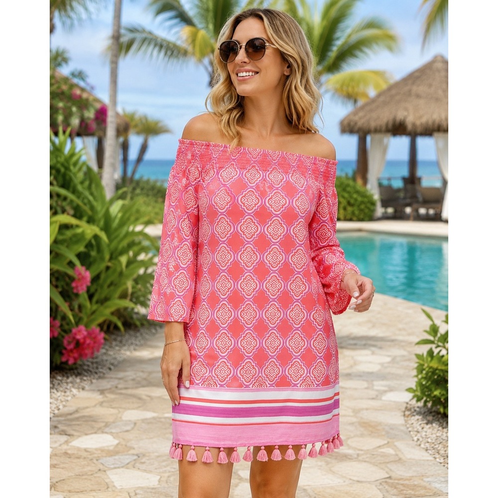 Cabana Life Pink Geometric Print Tassel Off The Shoulder Dress Women's Large EUC